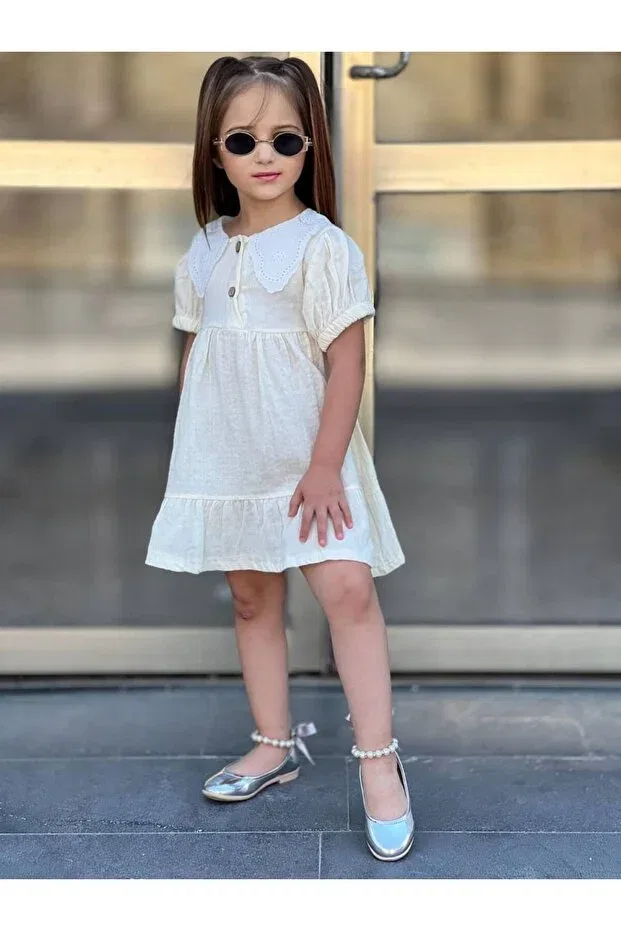 Детское муслиновое платье для девочек с коротким рукавом Baby, Ecru — фото 2