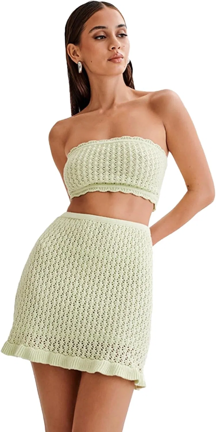 Женский богемный вязаный комплект из топа и юбки с кружевным узором, Light Green