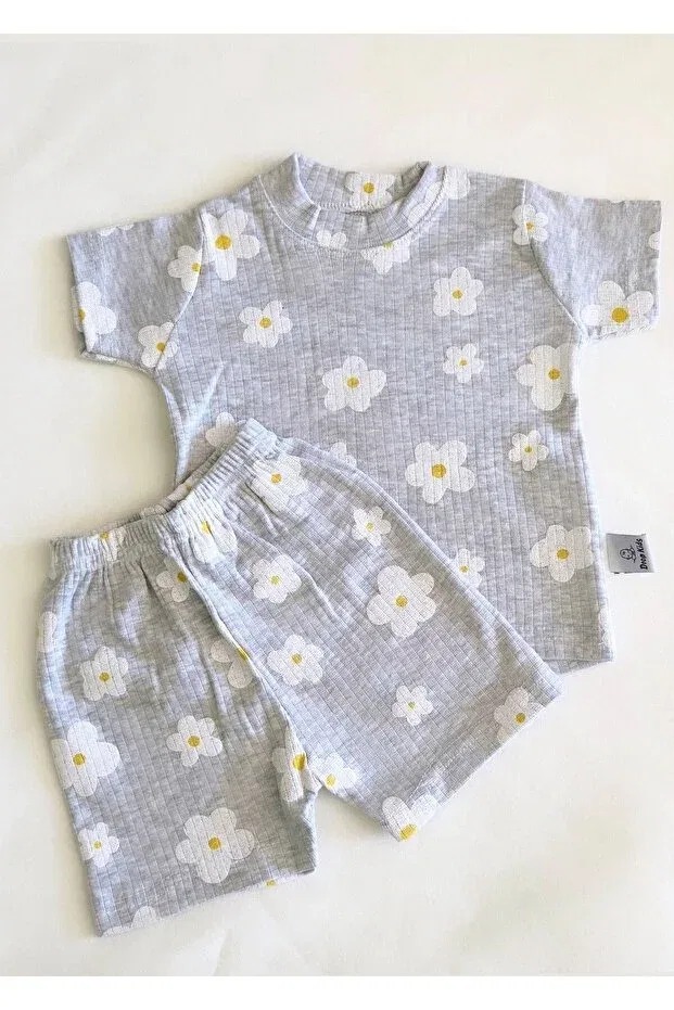 Детский комплект пижам для новорожденных с цветочным принтом Drop Kids, White-Grey — фото 2