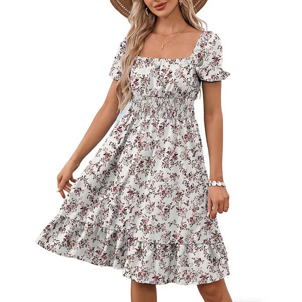 

Женское летнее платье миди с квадратным вырезом, присборенной талией и рукавами-фонариками Clearflower, Pink Floral