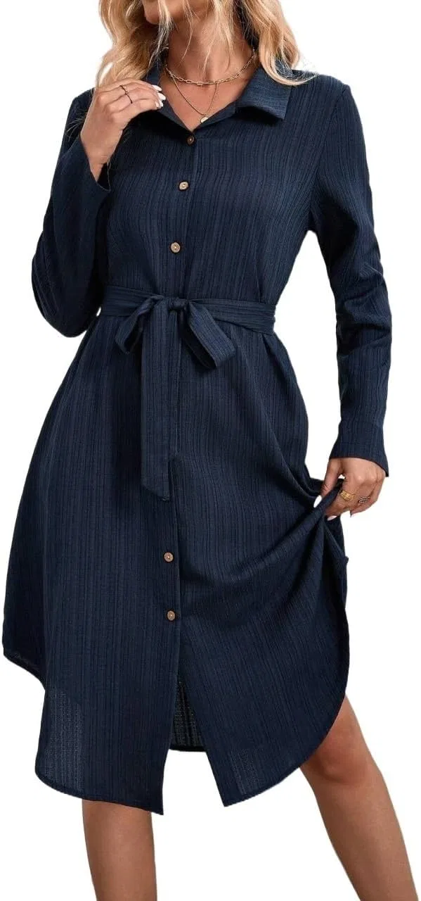 Женское миди платье с поясом из полиэстера, Navy Blue