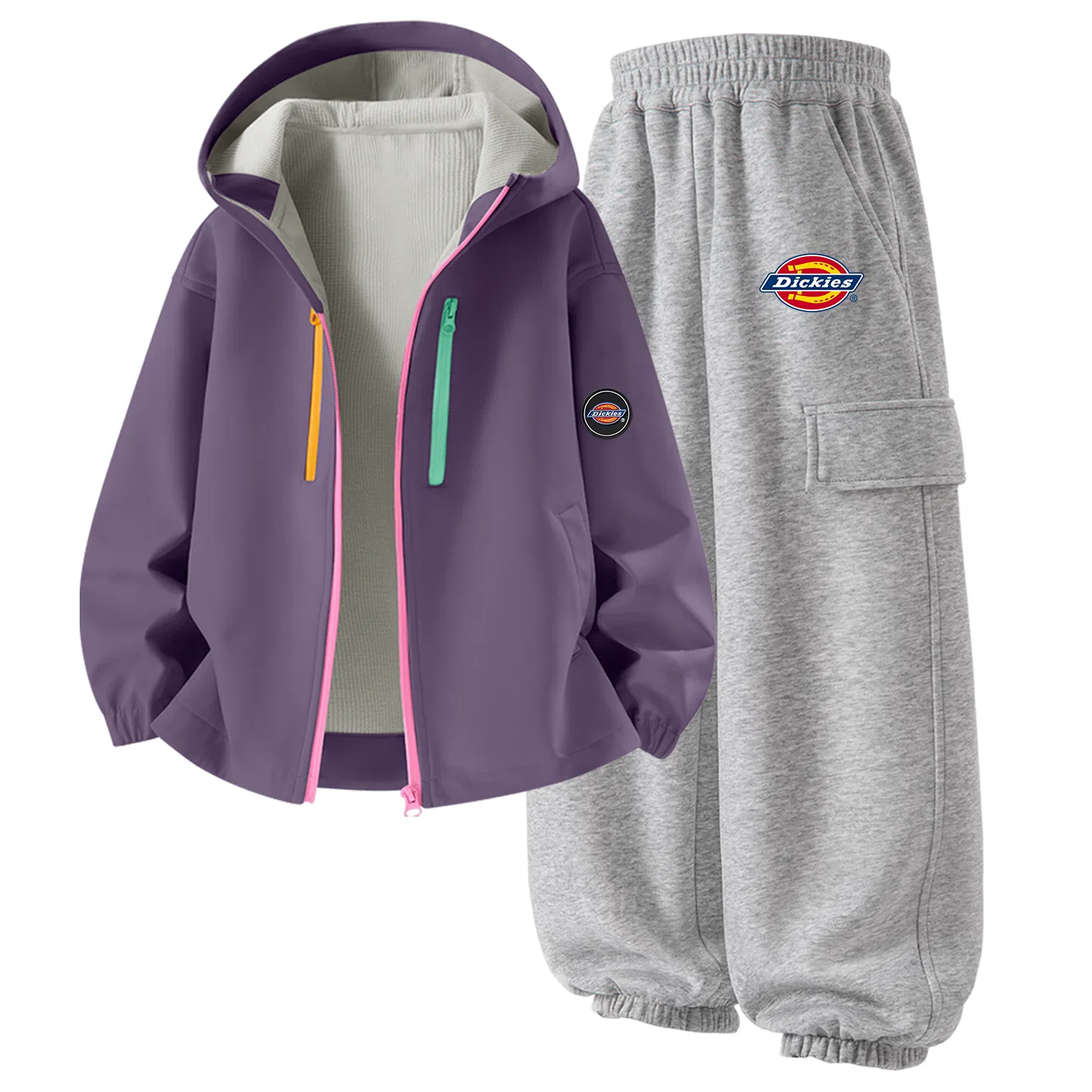 Детский комплект из худи и брюк с принтом, модель Sichuan Round Hook-and-Loop K Overcoat Purple+S Logo Thick K Light Heather Gray, Dickies, Light Heather Gray