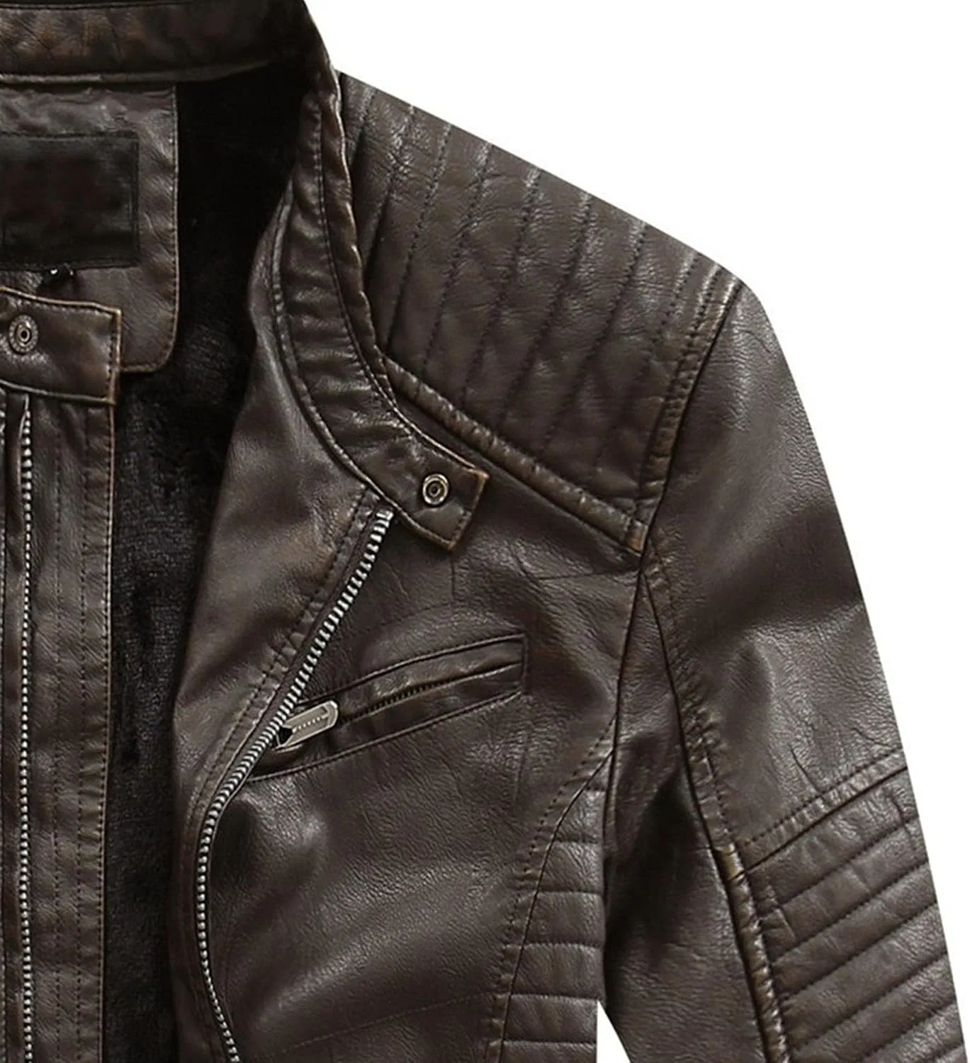 Мужская куртка из экокожи с воротником-рубашкой, Cafe Racer Style, коричневый — фото 2