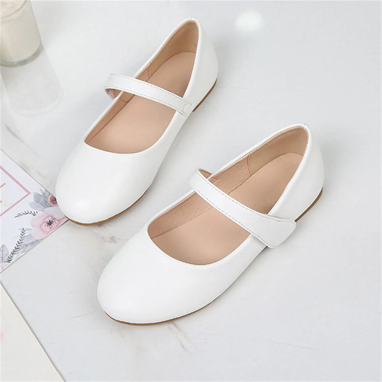 Детские туфли для девочек с принтом Patent Leather Wedding Party School Uniform Shoes Ballet Flats Little Girls Flower Girl Shoes, White — фото 3