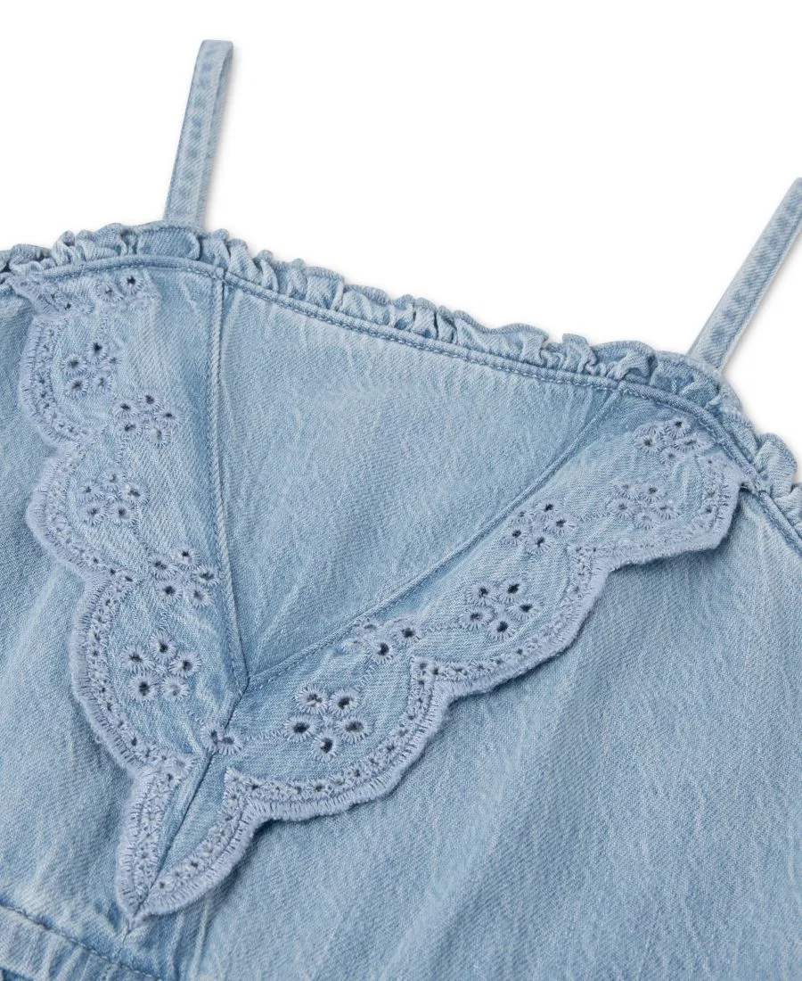 Детский джинсовый комбинезон без рукавов с воланами, модель Sleeveless Denim Jumper abercrombie kids, Light Pastel Blue — фото 3