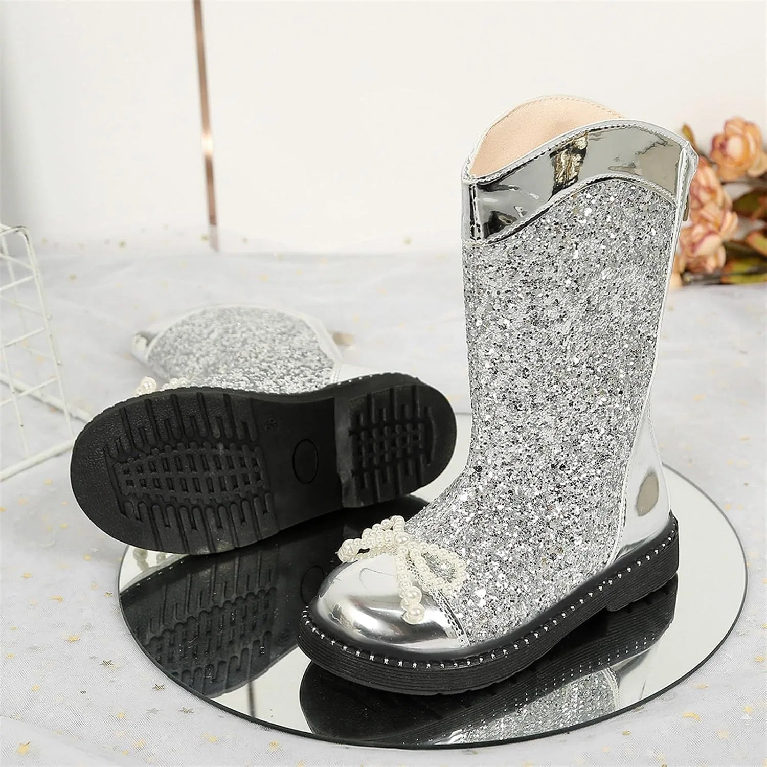 Детские сапоги для девочек с принтом и блестками Pearl Bowknot Decoration Glitter Knee High Boots, Silver — фото 2