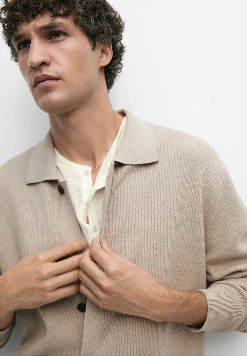 Кардиган из 100% хлопка с карманом - кардиган Massimo Dutti, Beige — фото 4