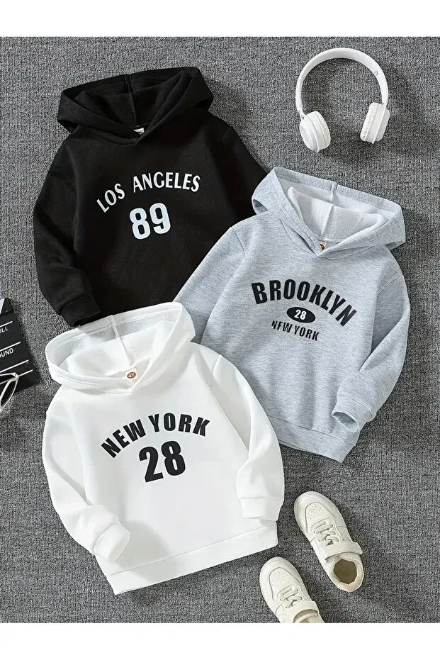 Детский комплект свитшотов для мальчиков с капюшоном losangeles89-brooklyn-newyork28 Louisa, Black-Gray-White