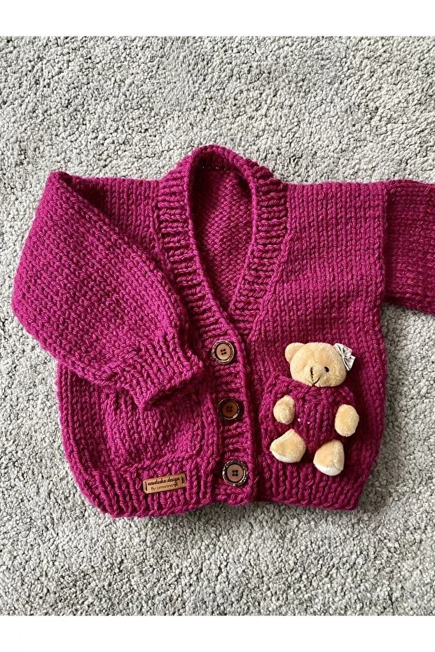 Детский кардиган для девочек с принтом Hand Knitted Teddy Bear Detailed Nevalin, Pink