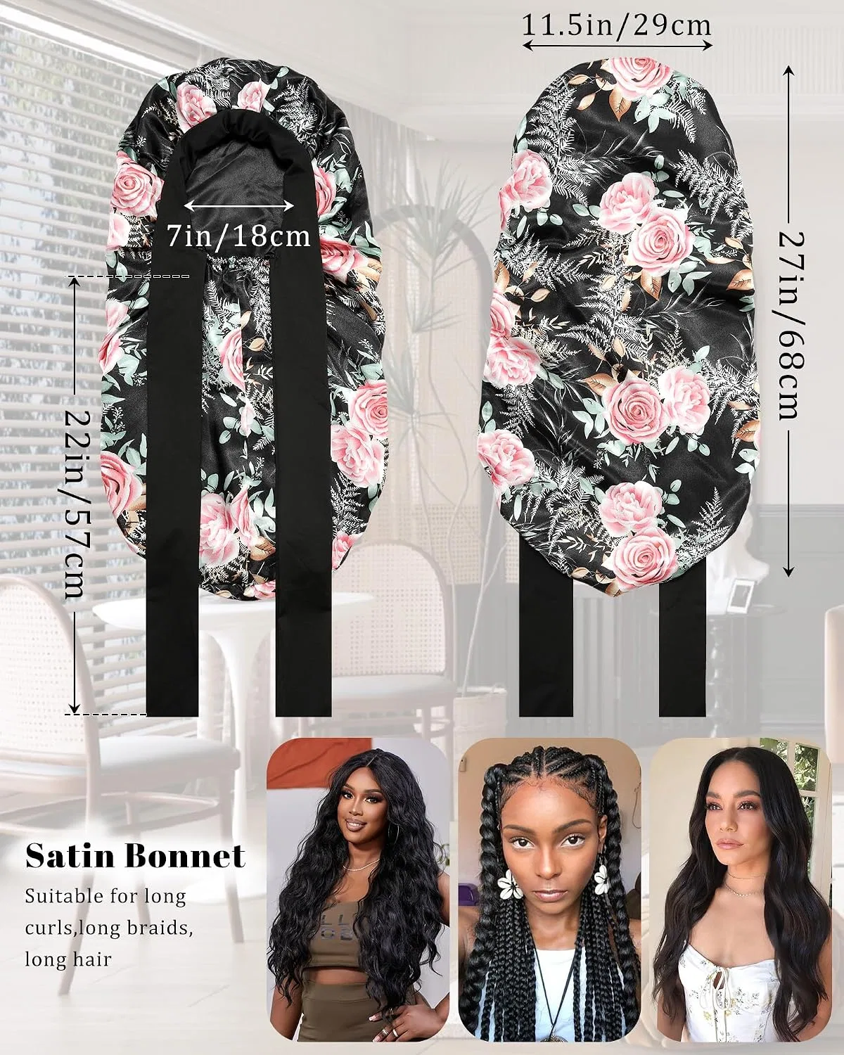 Шапочка для душа двойная сатиновая для длинных волос CHLINS, Black + Pink Rose — фото 2