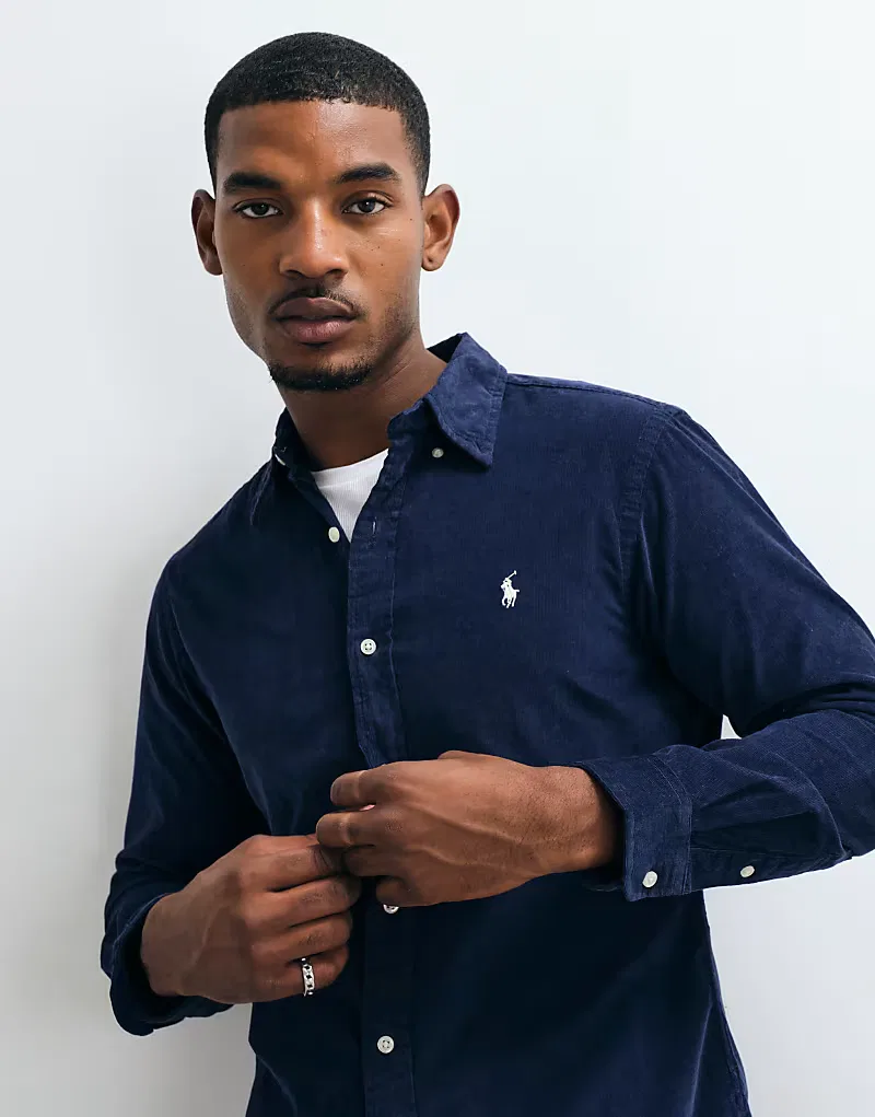 Рубашка-оксфорд из вельвета с логотипом Polo Ralph Lauren, приталенный крой, темно-синий