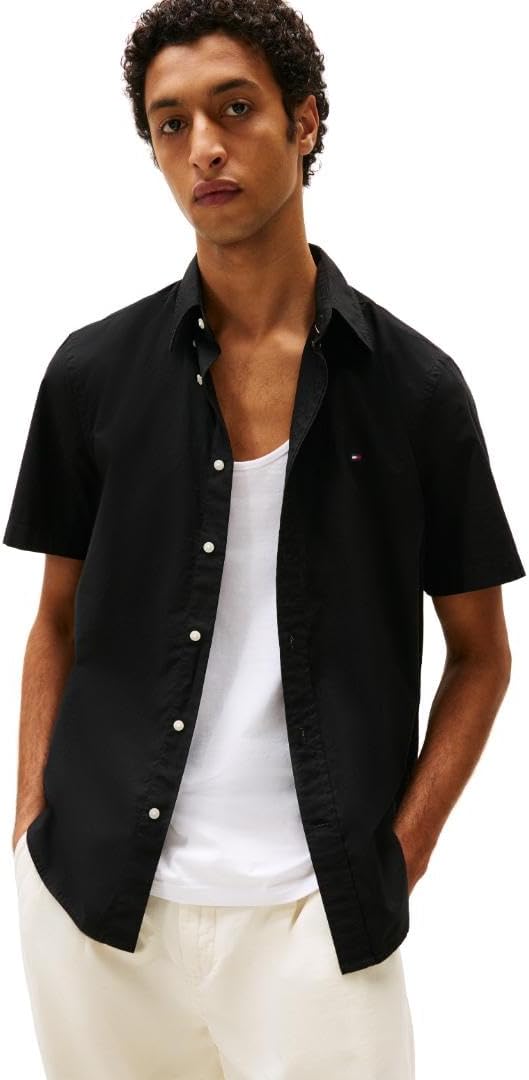 

Мужские рубашки Tommy Hilfiger с коротким рукавом из поплина, классический крой, мужские рубашки на пуговицах, Black