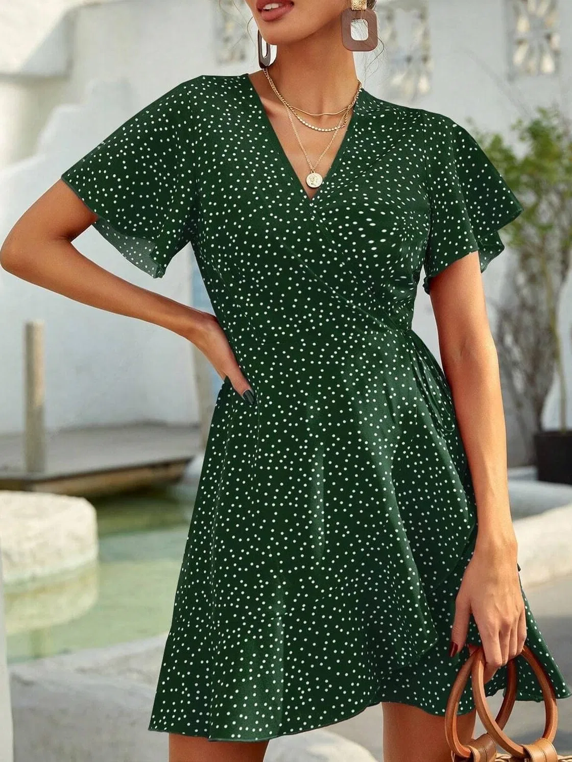 Женское платье А-силуэта с запахом Polka Dot, Dark Green — фото 4