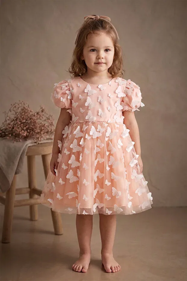 Детское платье для девочек с принтом Lorelai 3d butterfly detailed tulle tutu dress Celyse, Salmon — фото 2