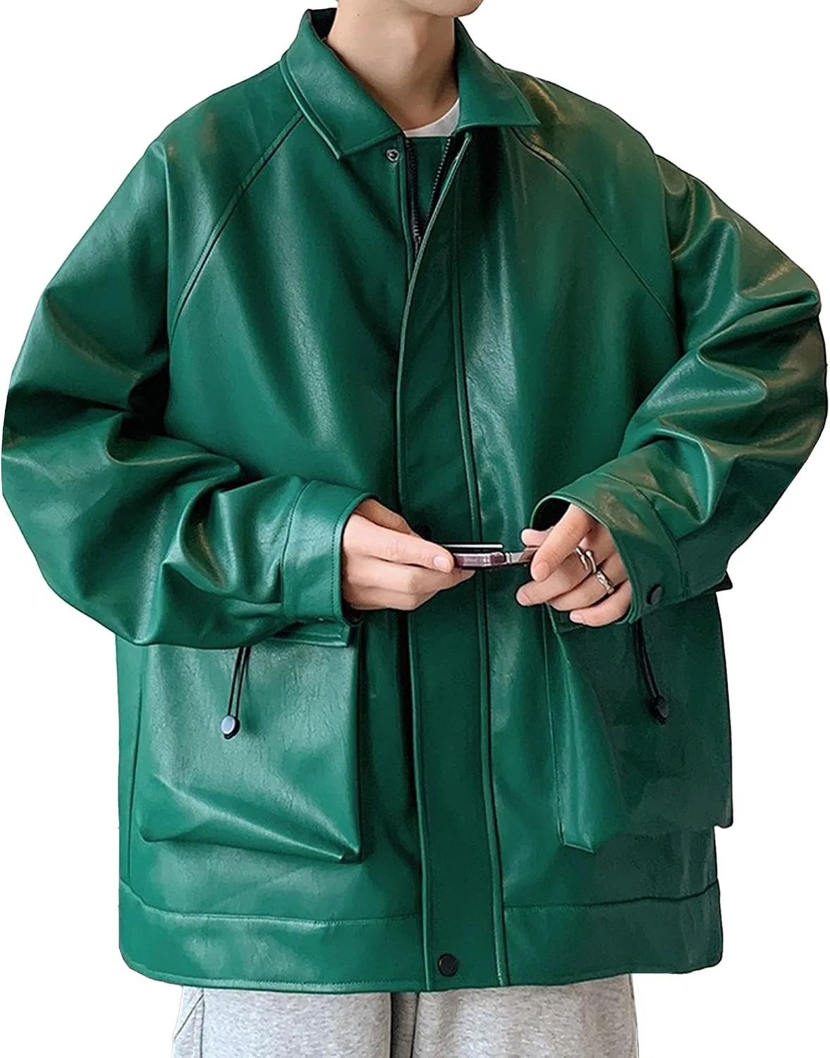 Мужское кожаное пальто оверсайз Vintage Baggy Bomber, зелёный