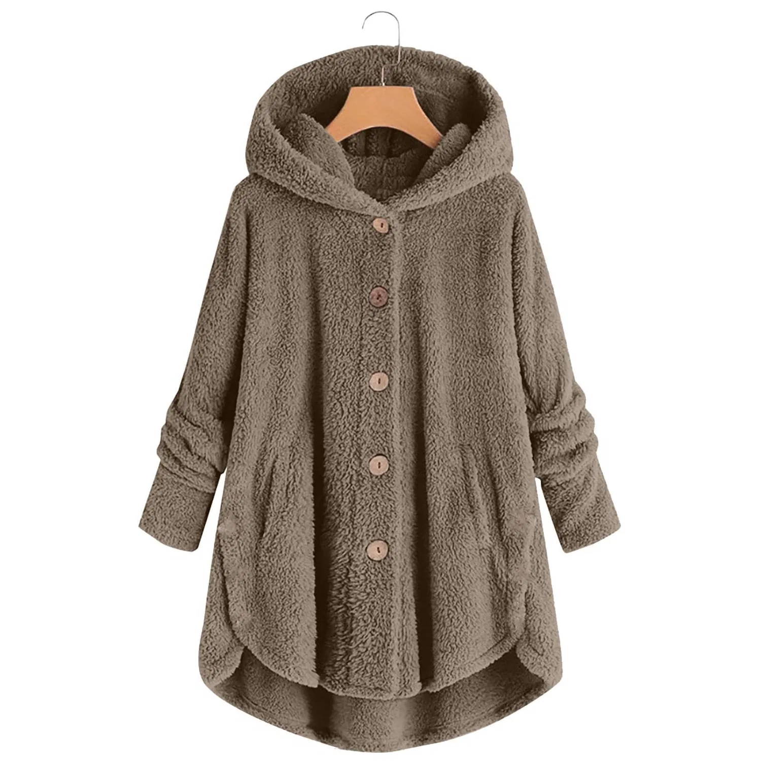 Женское пальто из флиса с капюшоном и принтом, модель Fuzzy Fleece Coat, dark khaki — фото 2