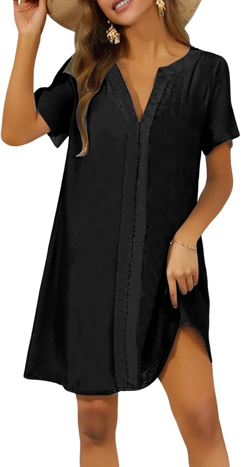 Женское пляжное платье с V-образным вырезом и короткими рукавами, Black