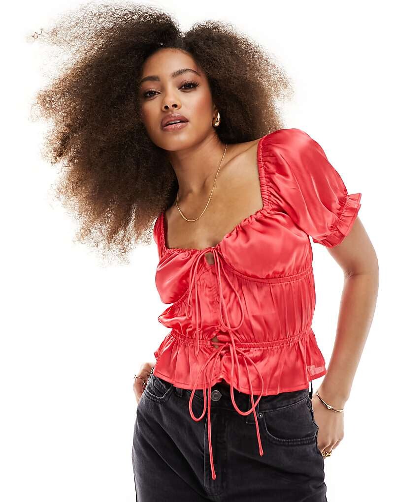 

ASOS DESIGN – Красный атласный топ с объемными рукавами