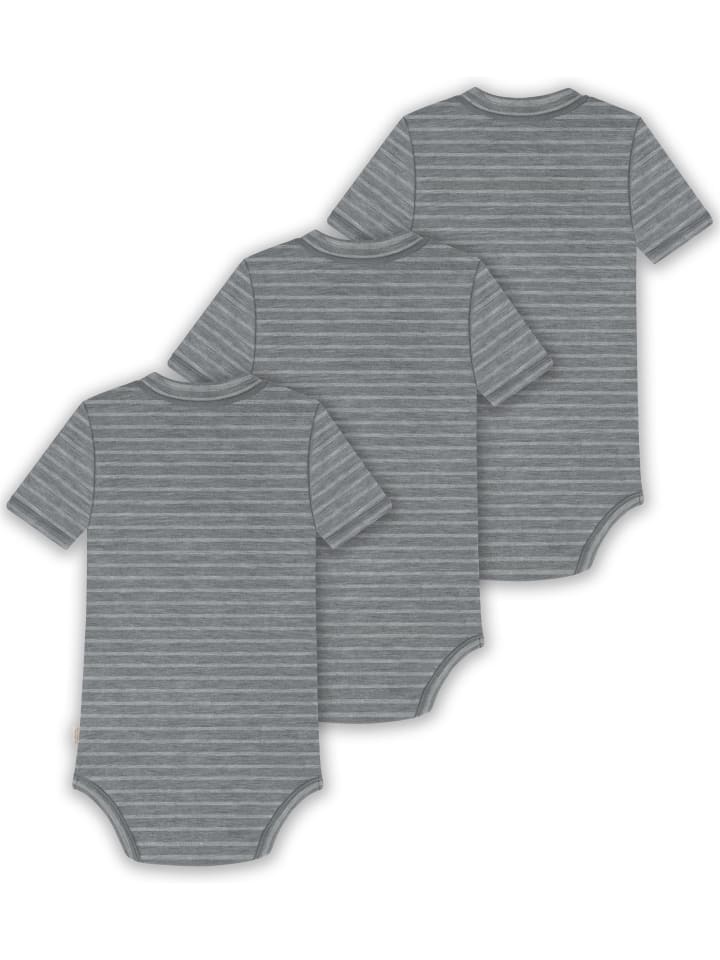 Normani Outdoor Sports Комплект из 3 детских боди с коротким рукавом из мериносовой шерсти, серые в полоску — фото 2