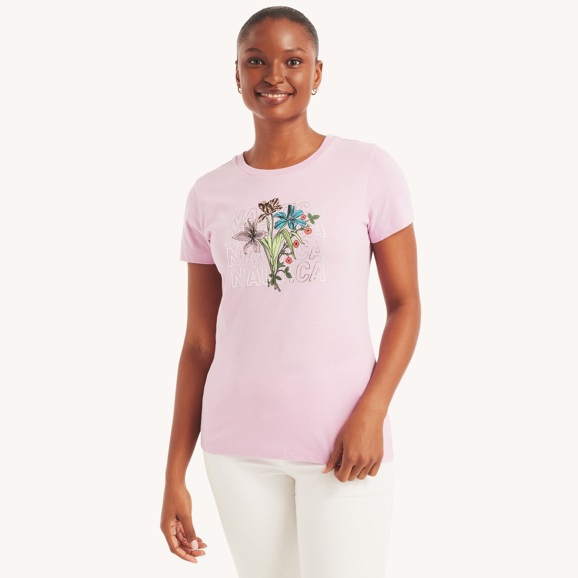 

Женская футболка Nautica Blooming Foil Floral Graphic, цвет orchid 15-3214 tcx
