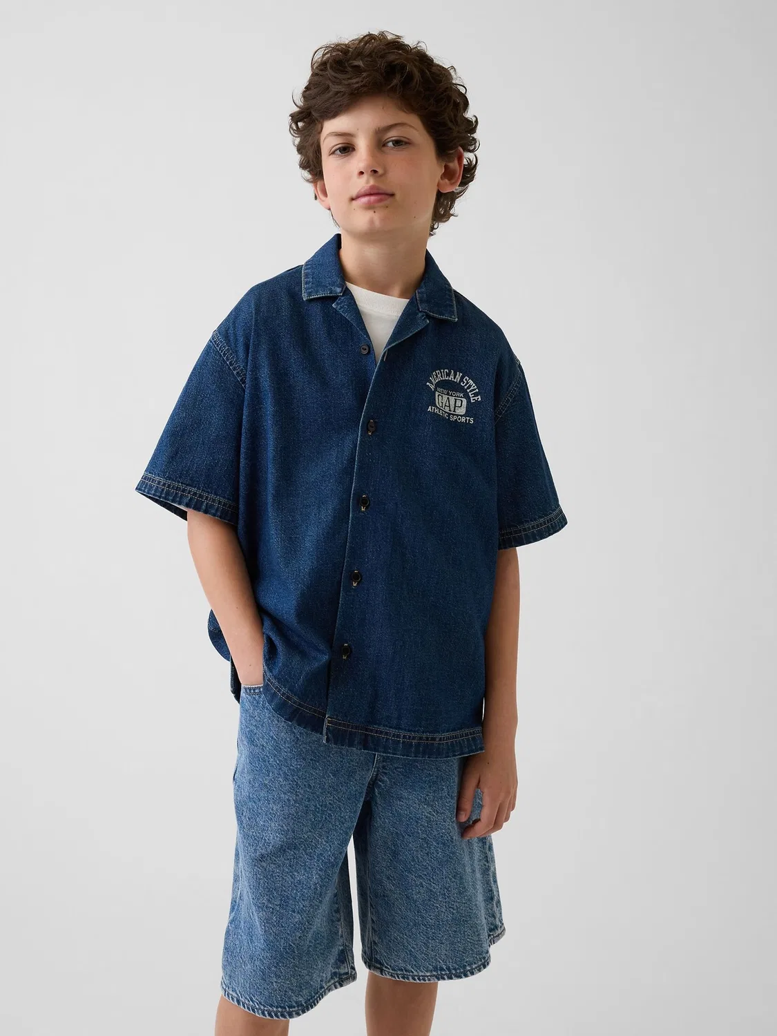 Джинсовая рубашка с коротким рукавом, свободный крой Gap, Dark Wash