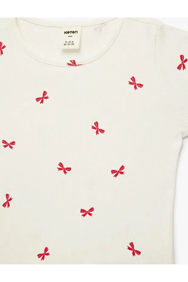 Детская футболка для девочек хлопковая Ecru baby girl t-shirt with bow detail Koton, Ecru Patterned — фото 3