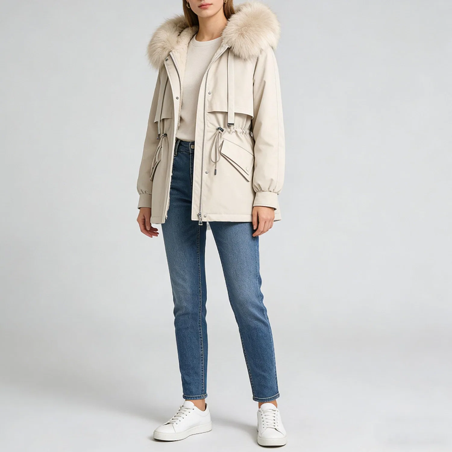 Женское зимнее пальто с флисовой подкладкой и искусственным мехом, Beige — фото 4