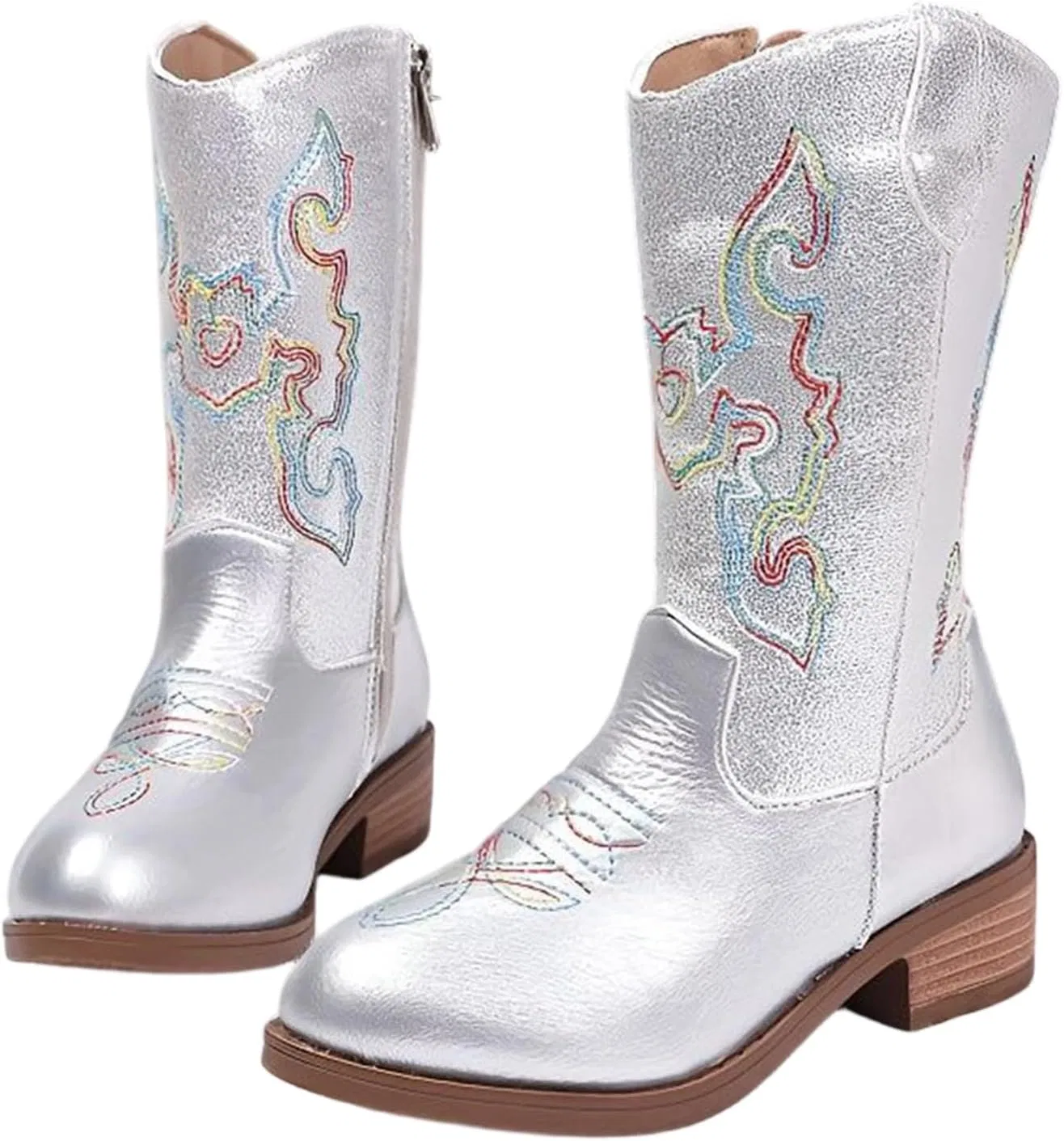 Детские сапоги для девочек с вышивкой ковбойские с боковой молнией Cowgirl Western Boots, Silver