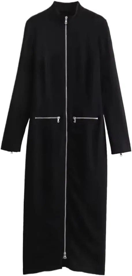 Женское ретро платье миди с воротником-стойкой Slim Fit, Black