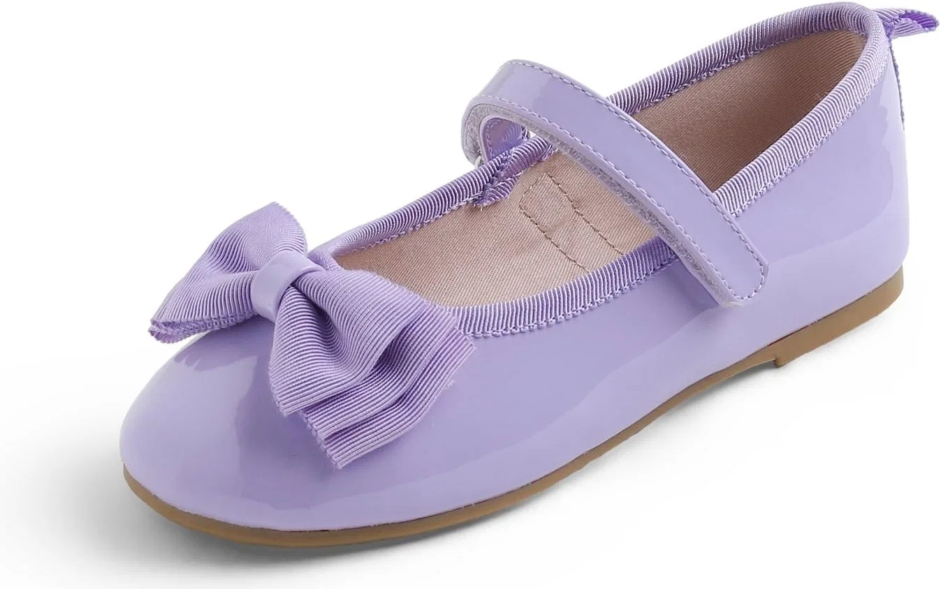 Детские балетки для девочек с принтом FEVERSOLE, Lilac Patent Vegan Leather Bow Tie Loop Maryjane