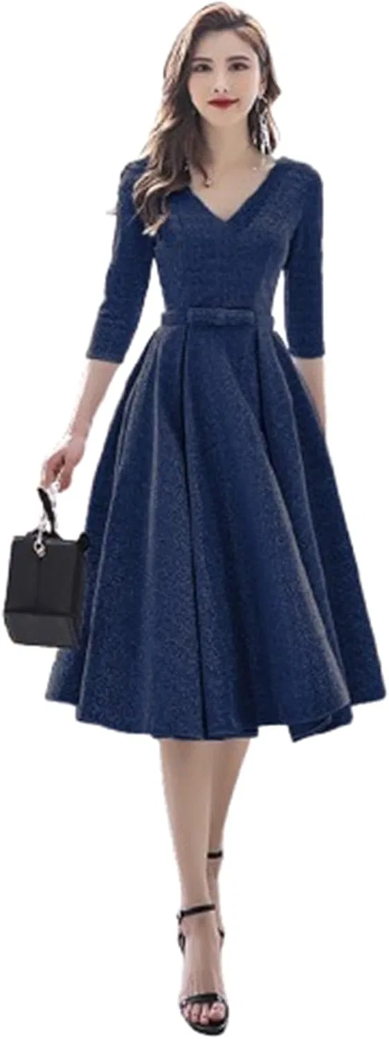Женское вечернее платье макси с V-образным вырезом A-line, Navy Blue