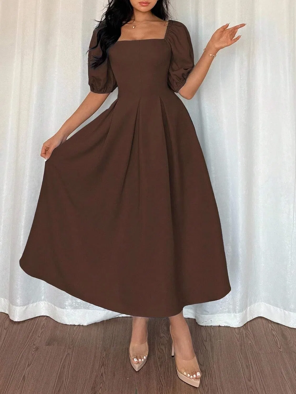Женское A-силуэта миди-платье с пышными рукавами Brown — фото 3