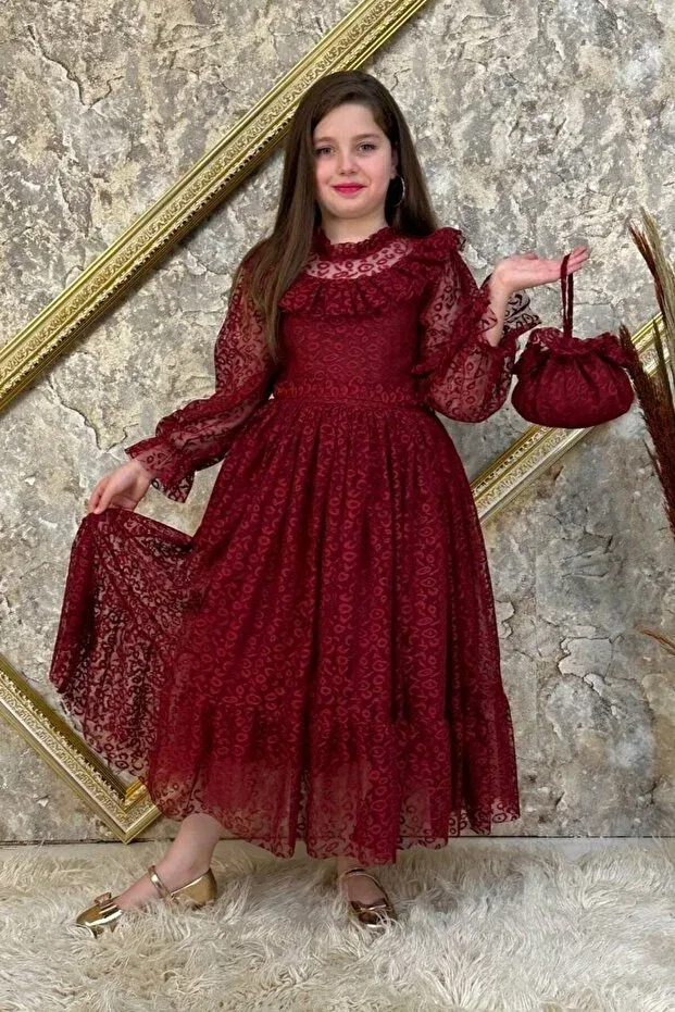 Детское платье для девочек кружевное с длинным рукавом Design Abiyekids, Burgundy
