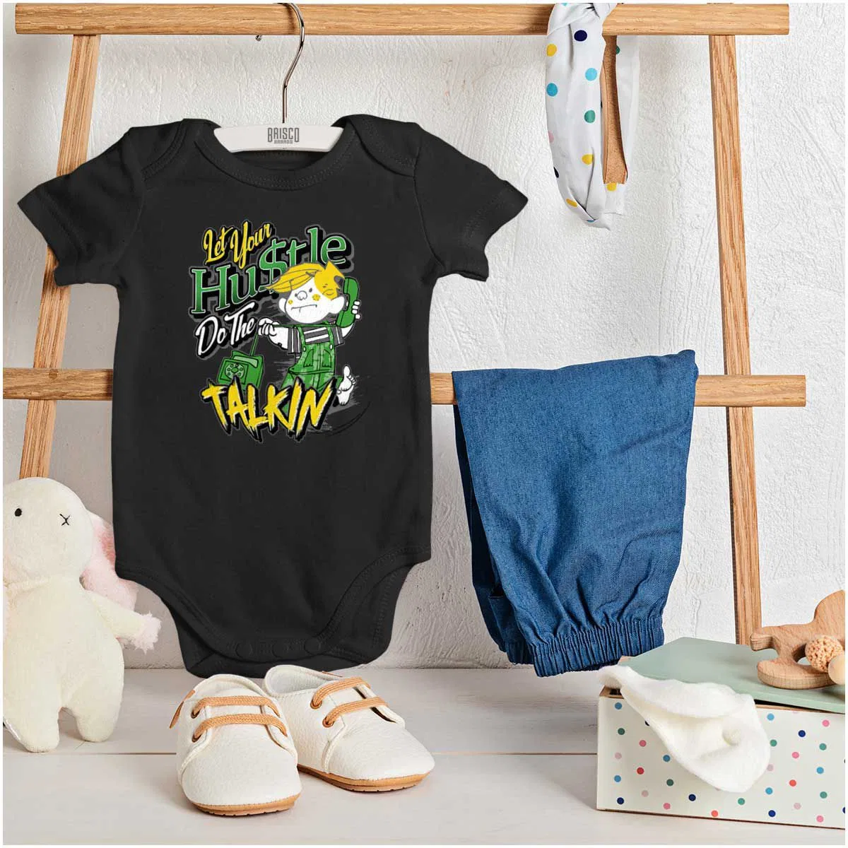 Детское боди-комбинезон с коротким рукавом Let Your Hustle Do The Talkin Brisco Brands, Black — фото 3