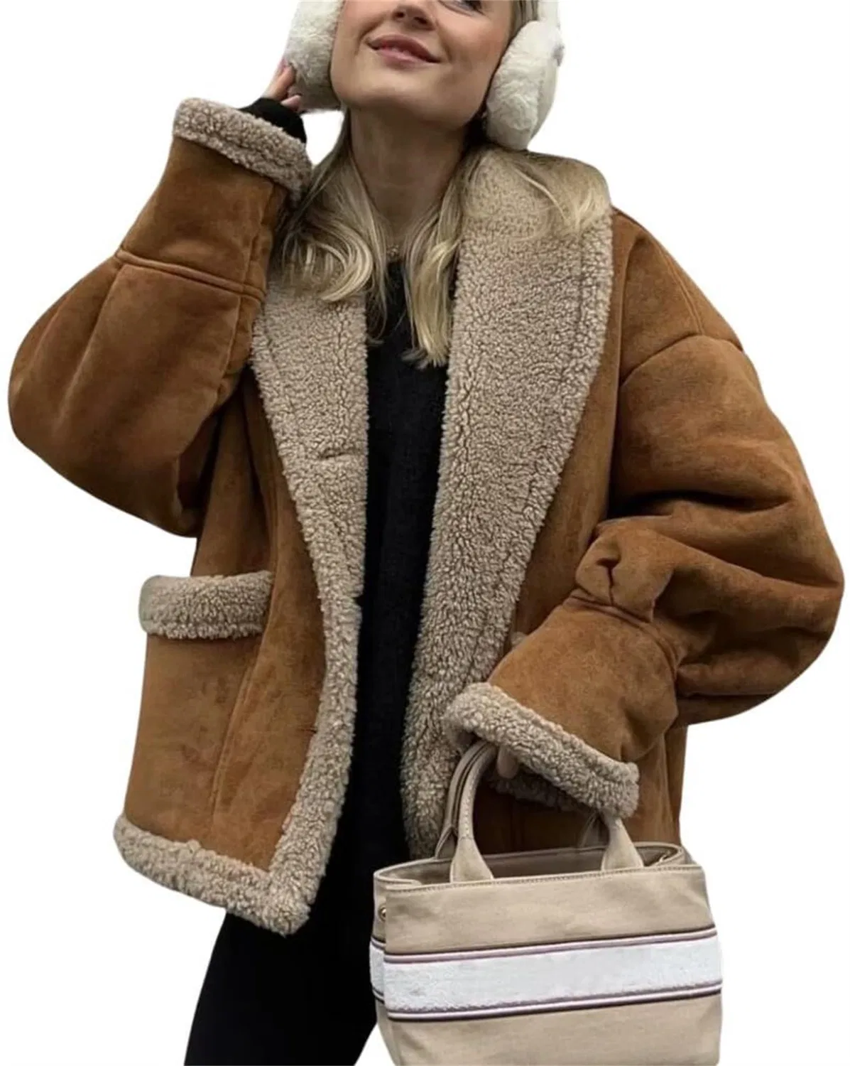 Женская куртка из замши с подкладкой из шерпы, dark khaki