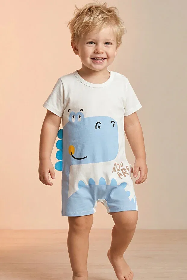 Детский комбинезон для мальчиков с принтом Tuabella, Blue Boys' Summer Romper With Dinosaur Print