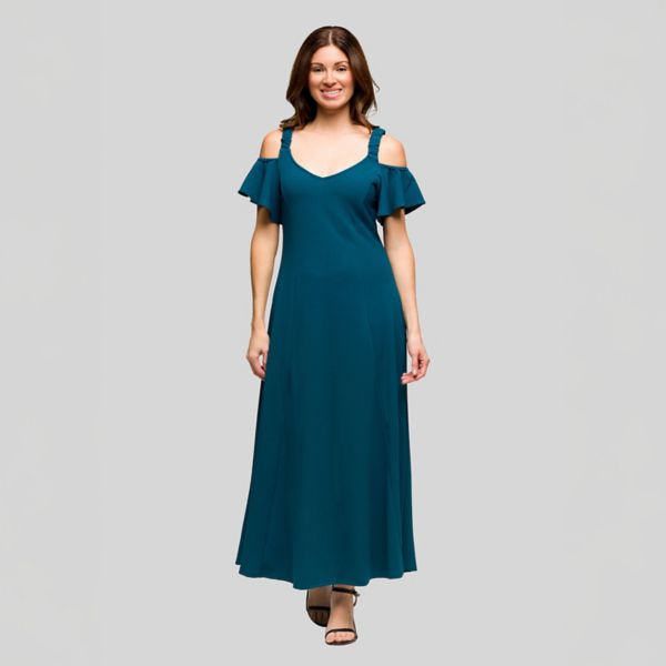 

Женское платье макси с открытыми плечами и воланами на рукавах 24Seven Comfort Apparel, цвет teal