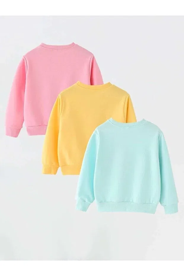 Детский комплект свитшотов для девочек Colorful hello sunshine / rabbit / meow cat printed set of 3 crew neck 3 thread children's sweatshirts Novibe, Pink Yellow Turquoise — фото 2