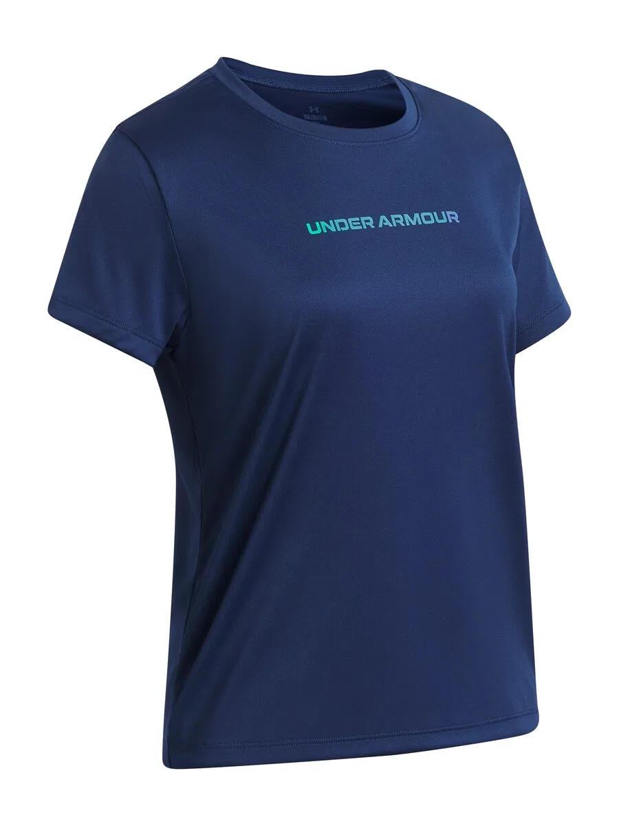 Спортивная футболка UNDER ARMOUR Performance Shirt с фирменной символикой, выполненная в синем, темно-синем и бирюзовом цветах — фото 4