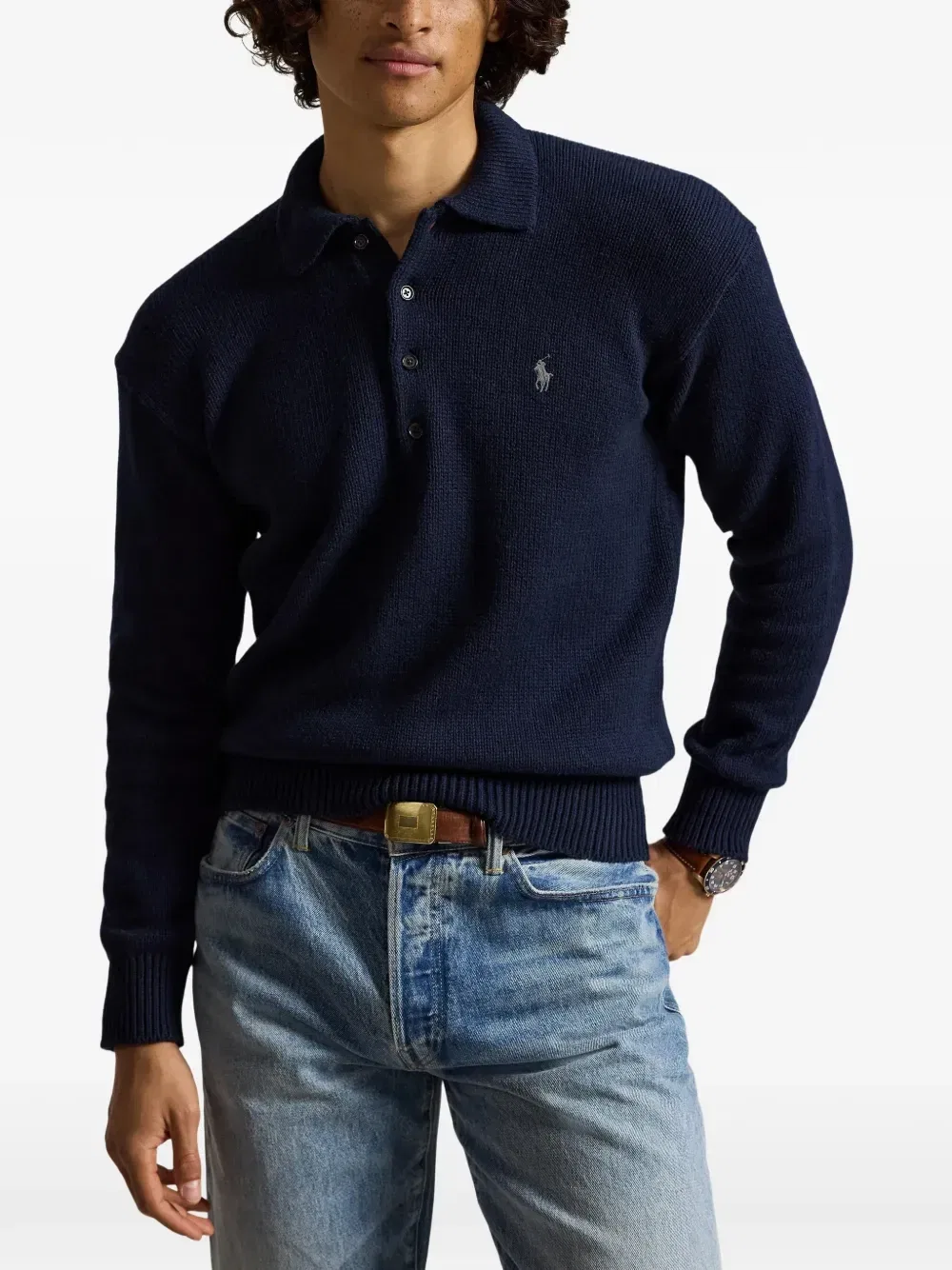 Свитер с планкой на пуговицах и вышитым логотипом Polo Ralph Lauren, синий — фото 2