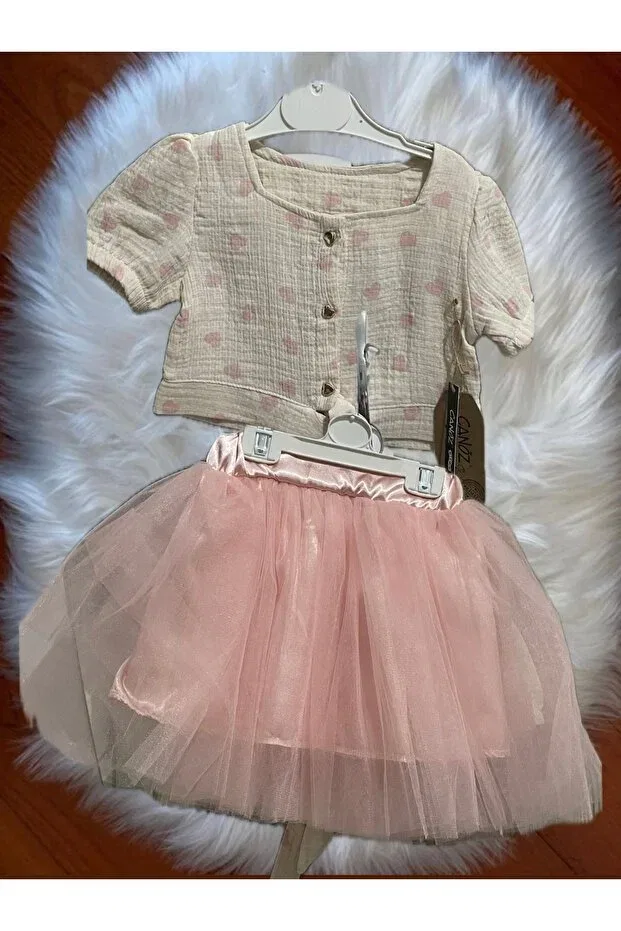 Детский комплект для девочек с принтом Girl's Heart Patterned Muslin Crop Blouse And Pink Tutu Skirt Set Canöz, Pink — фото 2