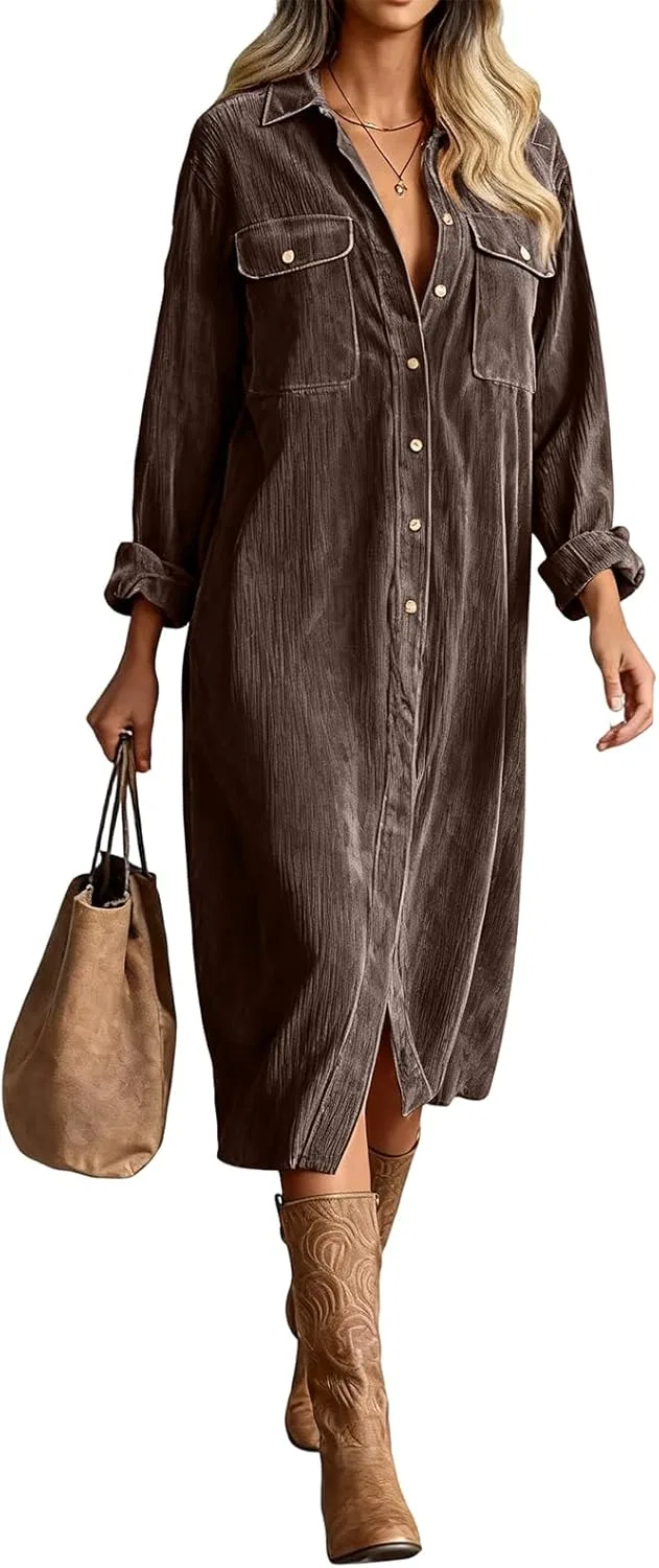 Женское платье из вельвета A-line с длинным рукавом, Chocolate Brown — фото 2