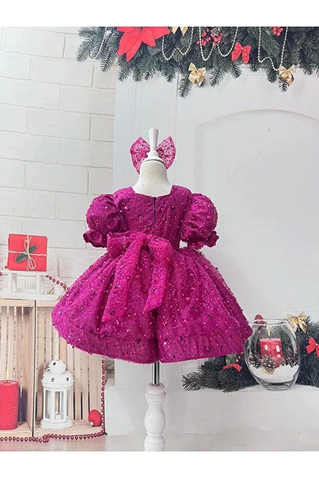 Детское платье для девочек с пайетками Fuchsia square collar sparkly sequined girls' dress evening dress Nissa, Fuchsia — фото 2