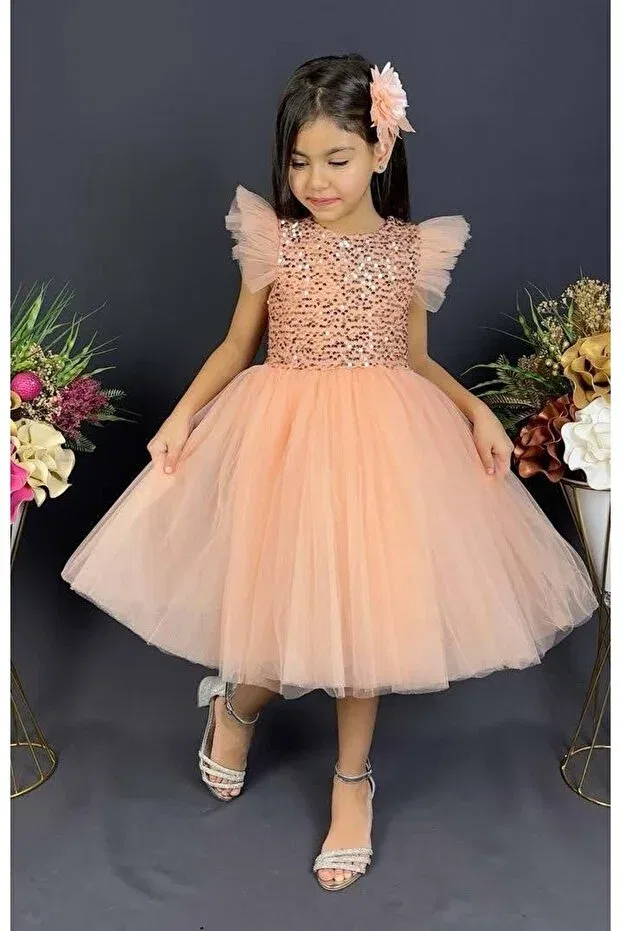 Детское платье из тюля с коротким рукавом Modest S.T. Sebat Tekstil, Somon - Somon