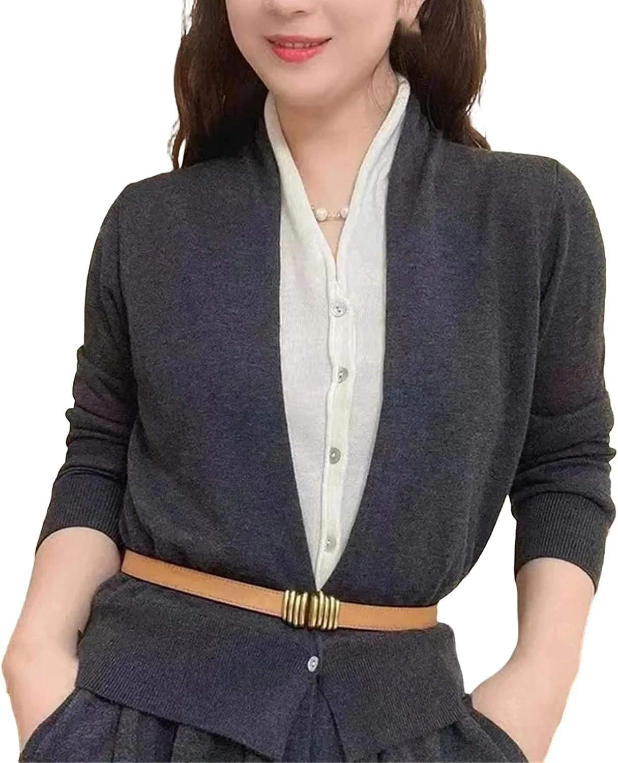 Женский кардиган V-образным вырезом, модель Spring Sweater Knit, тёмно-серый
