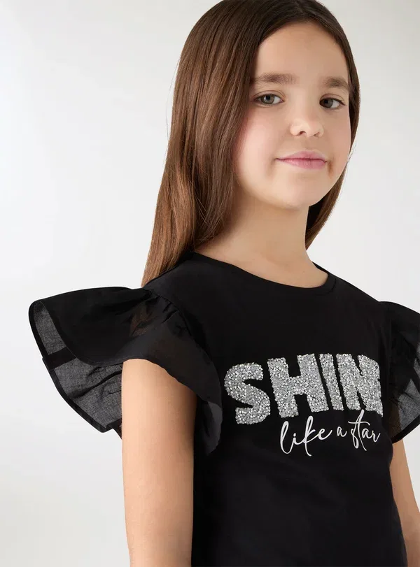 Футболка с принтом glitter print t-shirt Terranova, черный — фото 3