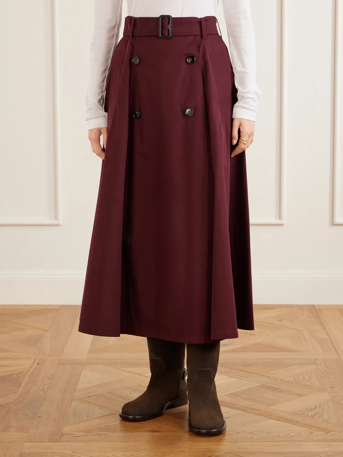 Шерстяная юбка миди с поясом BURBERRY, бордовый — фото 3
