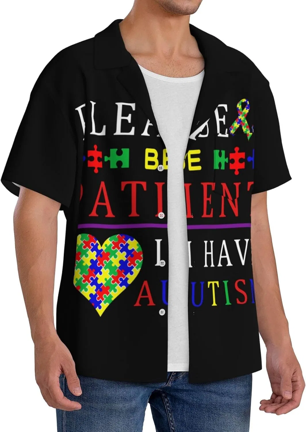 Мужская повседневная рубашка с кубинским воротником Letter Print, Black — фото 2