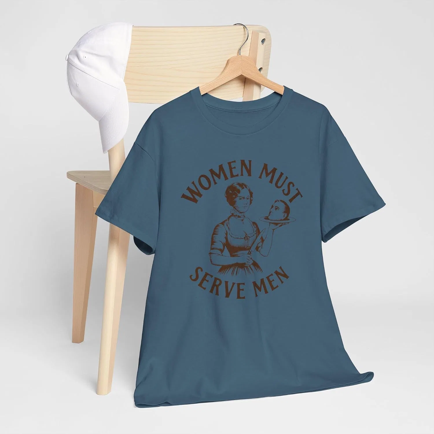 Футболка с ироничным принтом Women Must Serve Men, Indigo Blue — фото 3