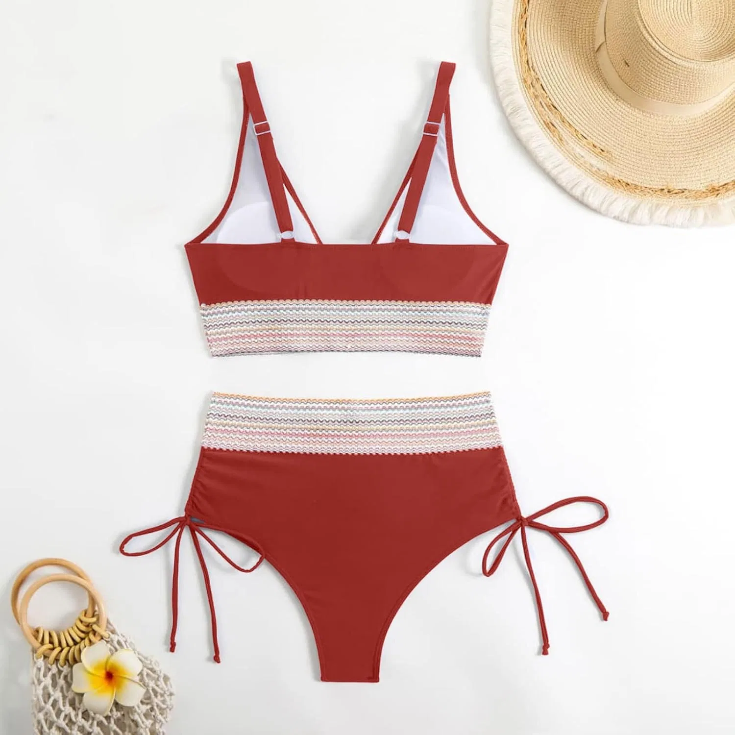 Женский бикини-комплект с завышенной талией, Color Block, Red — фото 4
